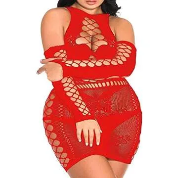 LOVELYBOBO 2 Pack Women's Plus Size Sexy Fishnet Mini Dress Fish Panel Accents Lingerie Sets with Net Gloves (Black+Red)