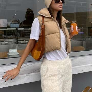 Shiyifa Women's Fashion High Neck Zipper Cropped Puffer Vest Jacket Coat (Khaki, X-Small)