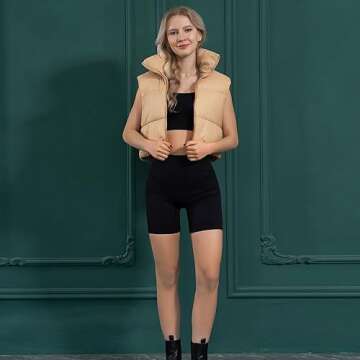 Shiyifa Women's Fashion High Neck Zipper Cropped Puffer Vest Jacket Coat (Khaki, X-Small)