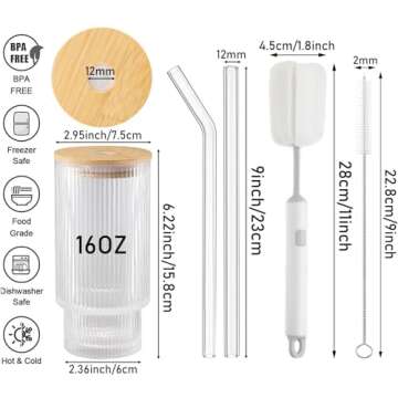 ASANMEYO Ribbed Drinking Glasses with Bamboo Lids and Straws, Ribbed Glass Cups Set of 4 16oz, Vinta...