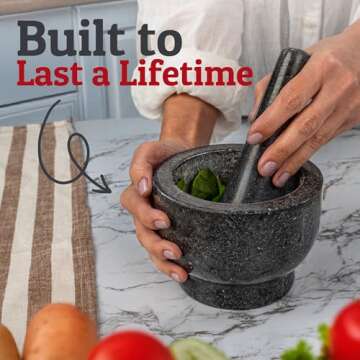 PriorityChef Large Mortar and Pestle Set, 2 Cups, 100% Natural Granite Mortar and Pestle Stone Grinder Bowl, Molcajete Bowl, Avocado Masher Guacamole Bowls, Black