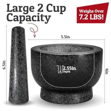 PriorityChef Large Mortar and Pestle Set, 2 Cups, 100% Natural Granite Mortar and Pestle Stone Grinder Bowl, Molcajete Bowl, Avocado Masher Guacamole Bowls, Black