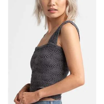 FP Dupes Love Letter Cami Tops Square Neck Crop Tank Tops Flower Summer Going Out Tops Slim Fit Crop Cami Tops Dark Grey, L/XL