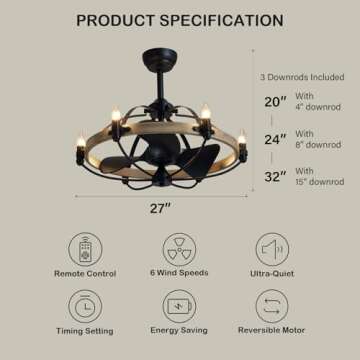 MOOONICHE 27'' Farmhouse Ceiling Fan with Light Remote Control, Vintage Cage Ceiling Fan with Lights...