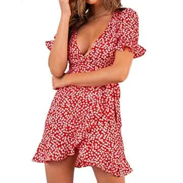 Relipop Women's Dresses Floral Print Deep V-Neck Short Bell Sleeve Ruffle Wrap Tie Knot Fishtail Short Dress Red