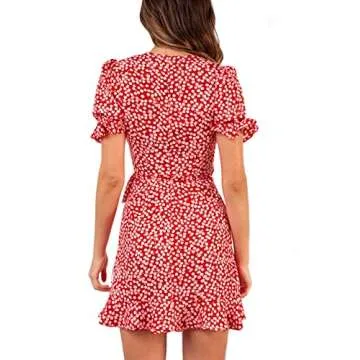 Relipop Women's Dresses Floral Print Deep V-Neck Short Bell Sleeve Ruffle Wrap Tie Knot Fishtail Short Dress Red