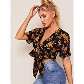 Floerns Women's Summer Printed V Neck Bow Tie Crop Top Blouse Black Gold M