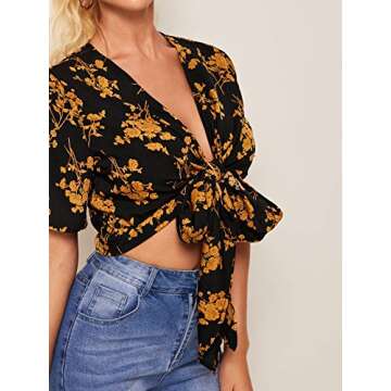 Floerns Women's Summer Printed V Neck Bow Tie Crop Top Blouse Black Gold M