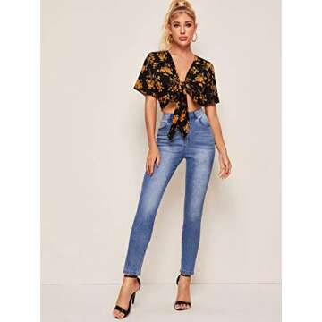 Floerns Women's Summer Printed V Neck Bow Tie Crop Top Blouse Black Gold M