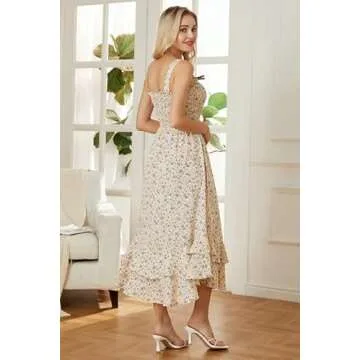 GRACE KARIN Women's Summer Floral Smocked Dresses Spring Boho Tiered Ruffle Sun Dress Vacation Maxi Dress Light Yellow L