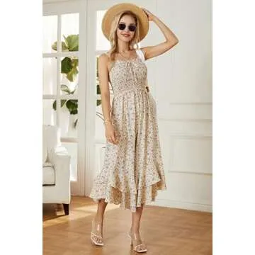 GRACE KARIN Women's Summer Floral Smocked Dresses Spring Boho Tiered Ruffle Sun Dress Vacation Maxi Dress Light Yellow L