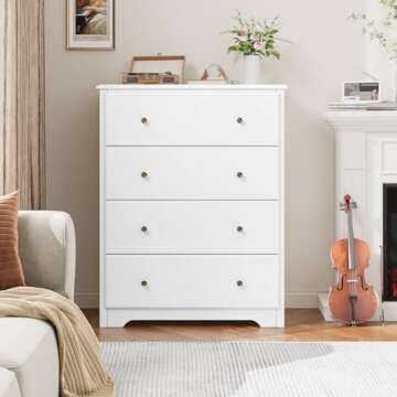 HOUSUIT White Dresser, 4 Drawer Dressers Chest of Drawers, Modern Tall Dresser, Wood Drawer Chest St...