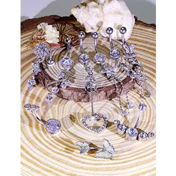 Ocptiy 14G Belly Button Ring for Womne Surgical Stainless Steel Curved Silver Dangle Butterfly Hypoa...