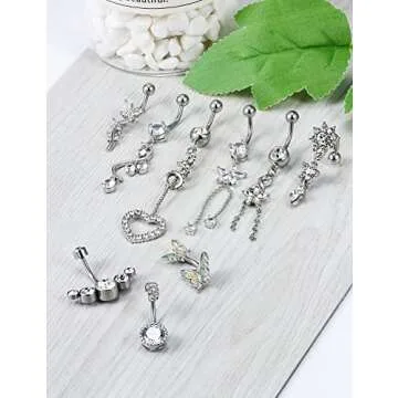 Ocptiy 14G Belly Button Ring for Womne Surgical Stainless Steel Curved Silver Dangle Butterfly Hypoallergenic Dangle Cute Navel Belly Rings Barbell Bar Hoop Body Piercing Jewelry for Women 10mm