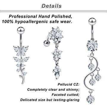 Ocptiy 14G Belly Button Ring for Womne Surgical Stainless Steel Curved Silver Dangle Butterfly Hypoallergenic Dangle Cute Navel Belly Rings Barbell Bar Hoop Body Piercing Jewelry for Women 10mm