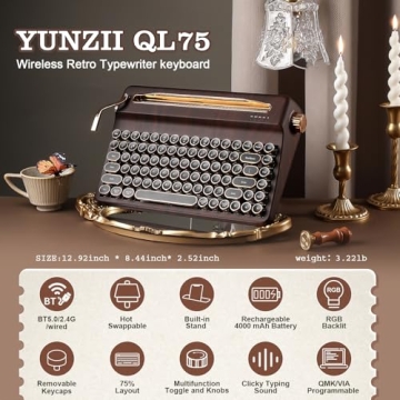 YUNZII QL75 Wireless Typewriter Hot Swap Retro Mechanical Keyboard,Punk Round Keycaps,RGB Backlit QM...