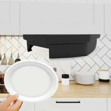 9-inch Octagonal Paper Plate Dispenser,Paper Plate Holders,Paper Plate Caddy,Ideal for Compact Spaces,Kitchen, Cabinets,RVs,Trailers Mounts Under Cabinet or Shelves (Black)