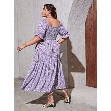MakeMeChic Women's Plus Size Floral Boho Puff Sleeve Summer Dress
