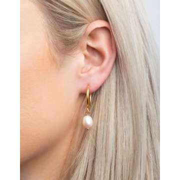 Freekiss Gold Hoop Earrings for Women: Dainty Pearl Earrings 14K Gold Filled Hypoallergenic Dangle Earring Set Cute Huggie Earrings for Women Trendy Gold Jewelry for Women Gifts