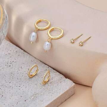 Freekiss Gold Hoop Earrings for Women: Dainty Pearl Earrings 14K Gold Filled Hypoallergenic Dangle Earring Set Cute Huggie Earrings for Women Trendy Gold Jewelry for Women Gifts