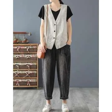 IDEALSANXUN Linen Vest for Women Fashion Casual Linen Tops 2024 Summer Clothes Cute Lightweight Sleeveless Blazer Jackets Spring Break Outfits Resort Wear Cardigan, Beige, XL