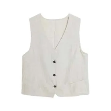 IDEALSANXUN Linen Vest for Women Fashion Casual Linen Tops 2024 Summer Clothes Cute Lightweight Sleeveless Blazer Jackets Spring Break Outfits Resort Wear Cardigan, Beige, XL