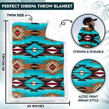 TrailCrest Sherpa Fleece Twin Size Throw Blanket, Cozy Plush Adult Aztec Blanket for Men & Women Reversible with Aztec Print Western Blanket for Camping, Couch, Sofa & Bed | 60”x80”