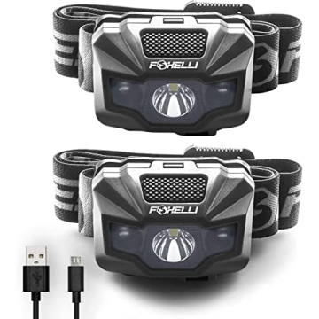 Foxelli Rechargeable LED Headlamp – Ultralight, Waterproof, and USB Rechargeable Headlamp with Red...