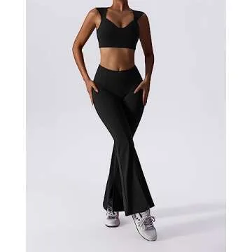 ABOCIW Workout Sets for Women 2 Piece V Neck Sports Bra Tank Top High Waist Bootcut Yoga Pants Slit Hem Tummy Control Flare Leggings Gym Yoga Outfits Activewear #2 Black Large