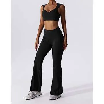 ABOCIW Workout Sets for Women 2 Piece V Neck Sports Bra Tank Top High Waist Bootcut Yoga Pants Slit Hem Tummy Control Flare Leggings Gym Yoga Outfits Activewear #2 Black Large