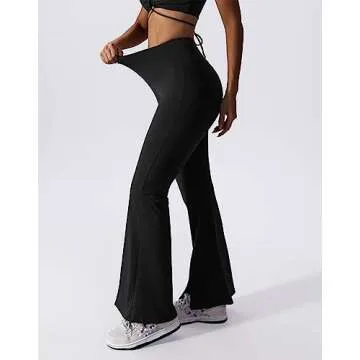 ABOCIW Workout Sets for Women 2 Piece V Neck Sports Bra Tank Top High Waist Bootcut Yoga Pants Slit Hem Tummy Control Flare Leggings Gym Yoga Outfits Activewear #2 Black Large