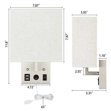 BTY Modern Wall Sconces Set of 2, Wall Lamps Bedroom Plug in with USB Charging Ports AC Socket Sconces Wall Lighting for Living Room Hallway, Silver(2 Bulbs Included)