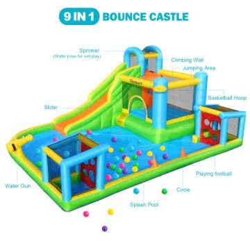 FBSPORT Inflatable Bounce House, 9 in 1 Water Slide with Blower, Bouncy House for Kids Indoor Outdoor Wet Dry Combo Water Bounce House with Football Shooting, Water Gun, Splash Pool, Bounce Area, Hose