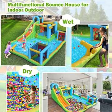 FBSPORT Inflatable Bounce House, 9 in 1 Water Slide with Blower, Bouncy House for Kids Indoor Outdoor Wet Dry Combo Water Bounce House with Football Shooting, Water Gun, Splash Pool, Bounce Area, Hose