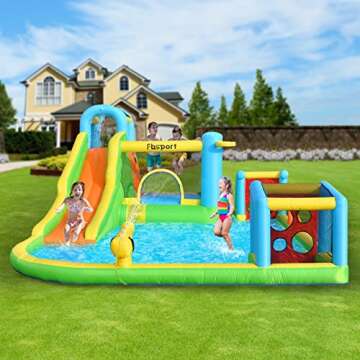FBSPORT Inflatable Bounce House, 9 in 1 Water Slide with Blower, Bouncy House for Kids Indoor Outdoor Wet Dry Combo Water Bounce House with Football Shooting, Water Gun, Splash Pool, Bounce Area, Hose