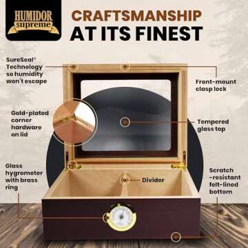 Humidor Supreme Capri Desktop Humidor with Glass Top, Mahogany Finish | Small Desktop Cigar Storage with Spanish Cedar Tray & Divider | Cigar Box with Humidifier & Glass Hygrometer, Holds 25-50 Cigars