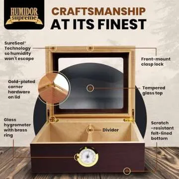 Humidor Supreme Capri Desktop Humidor with Glass Top, Mahogany Finish | Small Desktop Cigar Storage with Spanish Cedar Tray & Divider | Cigar Box with Humidifier & Glass Hygrometer, Holds 25-50 Cigars