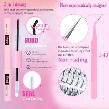 Geeneiya Lash Clusters Kit Individual Lash Extension Kit DIY Multi-type D Curl Cluster Eyelash Extension Kit with Bottom Lashes, Waterproof Lash Bond and Seal Glue, Lash Tweezers (30D, 480PCS)