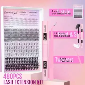 Geeneiya Lash Clusters Kit Individual Lash Extension Kit DIY Multi-type D Curl Cluster Eyelash Extension Kit with Bottom Lashes, Waterproof Lash Bond and Seal Glue, Lash Tweezers (30D, 480PCS)