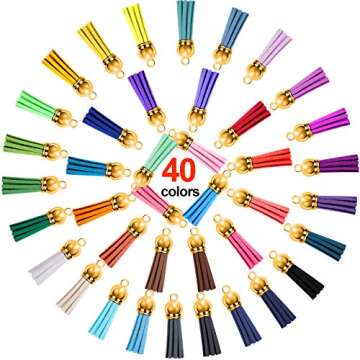 Duufin 200 Pieces Keychain Tassels Bulk Leather Tassel Colored Tassel Pendants for DIY Keychain and Craft, 40 Colors (Gold Cap)