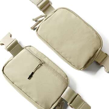 AslabCrew 2-Way Zipper Unisex Belt Bag with Adjustable Strap Fanny Packs Mini Waist Pouch for Outdoor Hiking Running Travel, Khaki