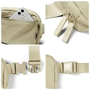 AslabCrew 2-Way Zipper Unisex Belt Bag with Adjustable Strap Fanny Packs Mini Waist Pouch for Outdoor Hiking Running Travel, Khaki