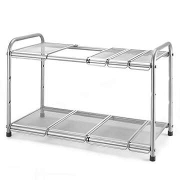 Simple Trending 2-Tier Under Sink Expandable Cabinet Shelf Organizer Rack with 8 Removable Panels for Kitchen Bathroom Storage, Silver