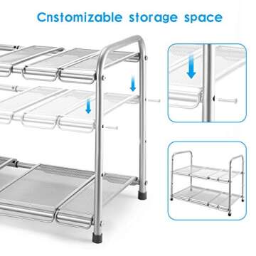 Simple Trending 2-Tier Under Sink Expandable Cabinet Shelf Organizer Rack with 8 Removable Panels for Kitchen Bathroom Storage, Silver