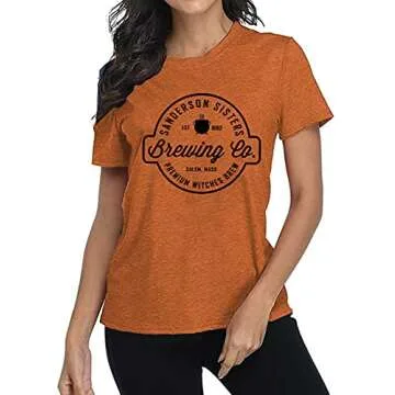 YI XIANG RAN Halloween T Shirt Women Sanderson Shirt Witches Graphic Tees Casual Short Sleeve Holiday Shirts Top(Orange-Pink, XX-Large)