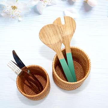 Round Rattan Utensil Holder Set of 2, Handwoven Rattan Chopsticks Holder Bamboo Utensil Holders, Eco Friendly Kitchen Cooking Utensils Set for Kitchen Countertop, Tools Kitchenware (Honey Brown)