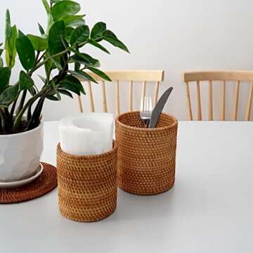 Round Rattan Utensil Holder Set of 2, Handwoven Rattan Chopsticks Holder Bamboo Utensil Holders, Eco Friendly Kitchen Cooking Utensils Set for Kitchen Countertop, Tools Kitchenware (Honey Brown)