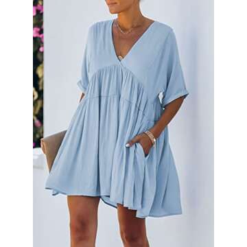 TIKSAWON Womens Babydoll Dress for Women Summer V Neck Short Sleeve Loose Flowy Swing Ruffle Shift Dress Blue M