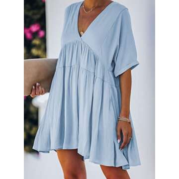 TIKSAWON Womens Babydoll Dress for Women Summer V Neck Short Sleeve Loose Flowy Swing Ruffle Shift Dress Blue M