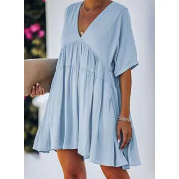 TIKSAWON Womens Babydoll Dress for Women Summer V Neck Short Sleeve Loose Flowy Swing Ruffle Shift Dress Blue M